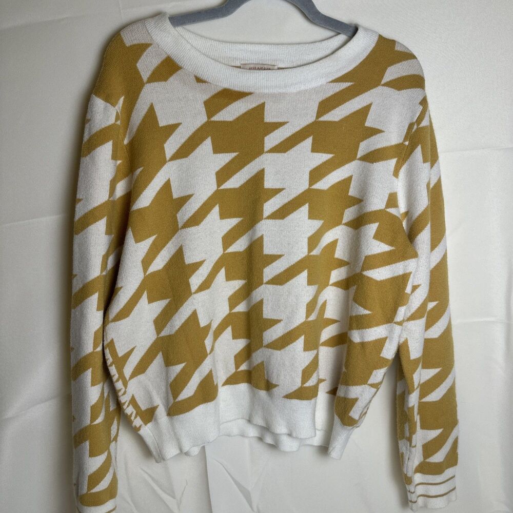 Skies Are Blue Brand Women’s Gold White Houndstooth Knit Pullover Sweater Sz L